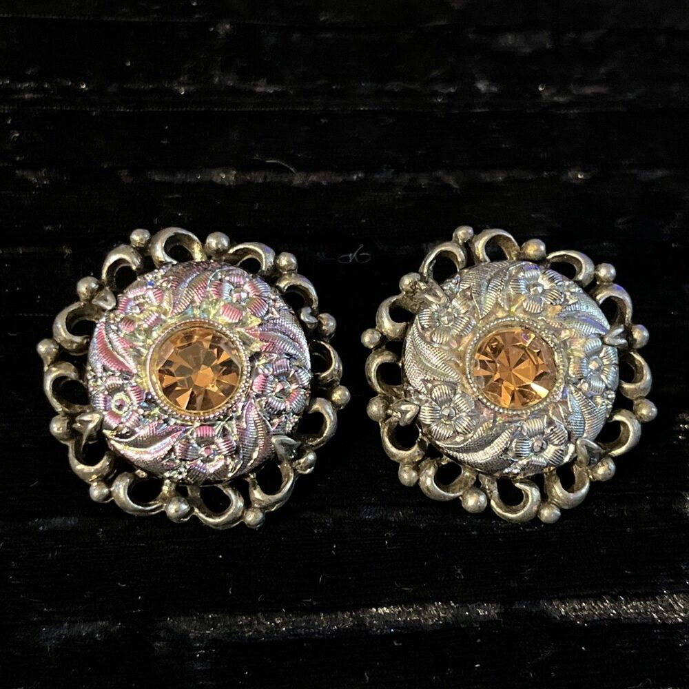 Vintage Judy Lee Round Silvertone Floral Orange Glass Stone Clip On Earrings